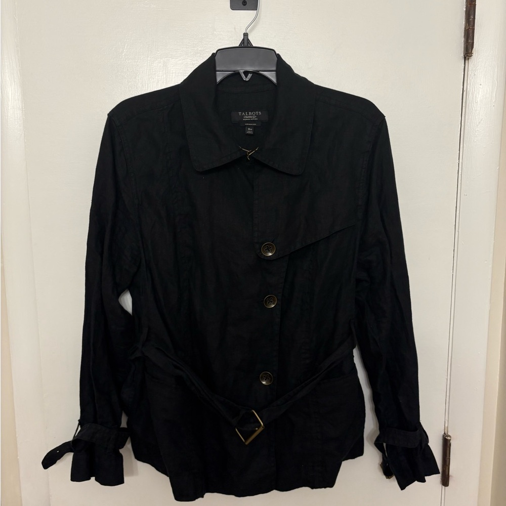 TALBOTS | 100% Pure Irish Linen | Black Belted Trench Jacket | Size 16W